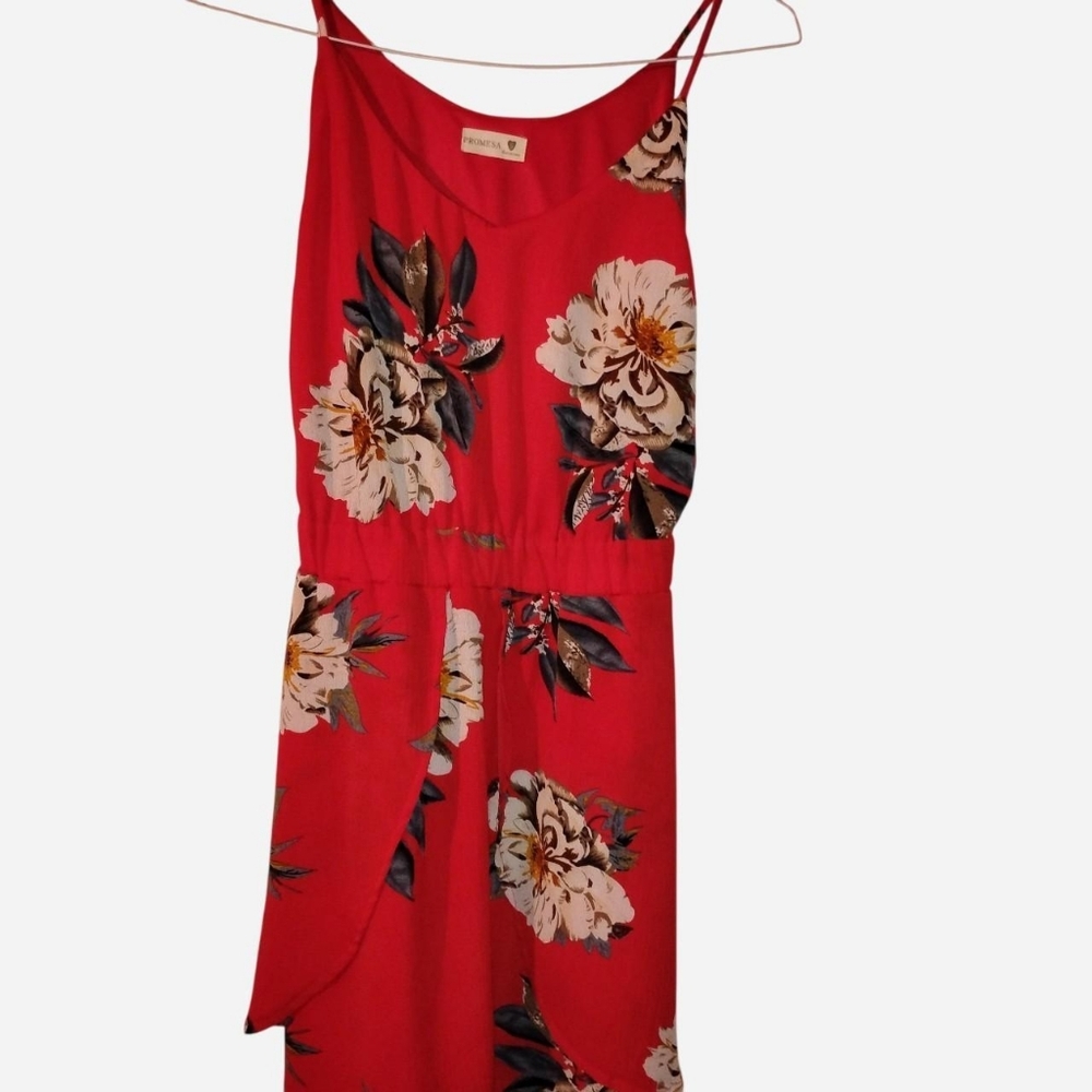 Floral Mini Dress - Size Small - Adjustable Straps & Tie Back -Red